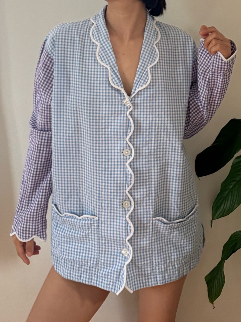 Heidi Carey 100% Cotton Gingham Scalloped Edges Pajama Top With Pockets Size M - Picture 7 of 12